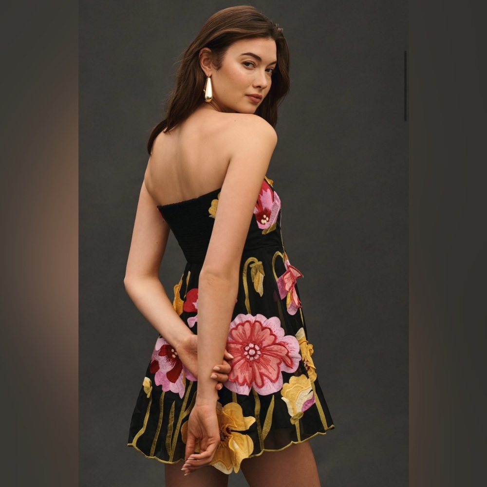 NEW Anthropologie Strapless Floral Organza Mini Dress - Picture 2 of 5